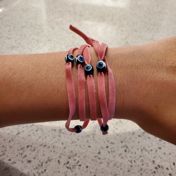 Set 4 Boho Velvet Long Necklace Wrap Bracelets Evil Eye Tan White Pink Navy Blue - Picture 7 of 11